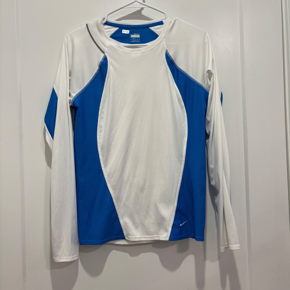 Vintage Nike FIT DRY Long Sleeve Athletic Shirt White Blue Colorblock Women Med